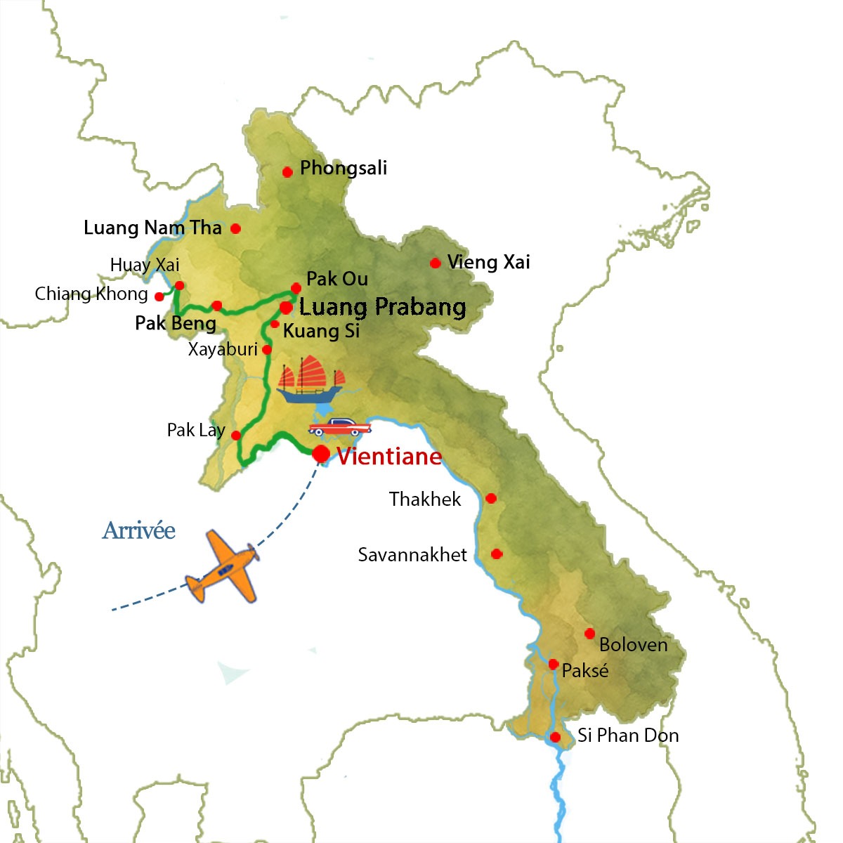 Croisi&egrave;re au fil du M&eacute;kong au Laos &agrave; bord du bateau de luxe Pandaw circuit avec l'agence de voyage locale Tonkin Voyage